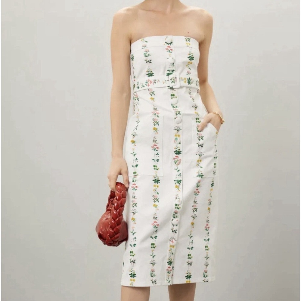 Adam Lippes White Floral Strapless Denim Dress 6 Designer‎ Twill Pencil No Belt